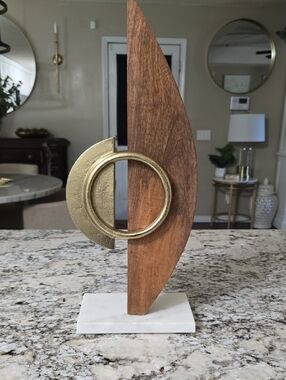 Wood and Gold Abstract Sculpture on White Marble Base